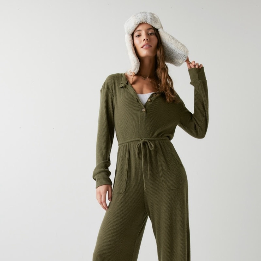francesca's christina button front rib-knit jumpsuit